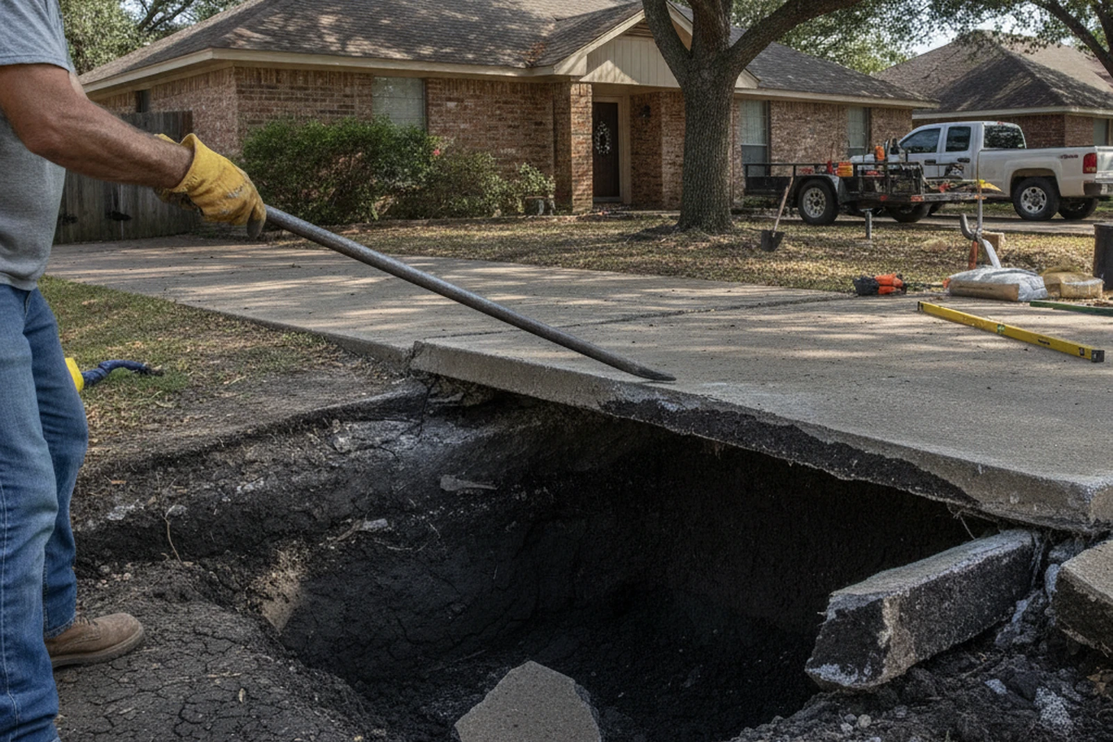 Clay void under concrete slab Mesquite Texas Dallas County black clay drought shrinkage base failure driveway repair vs replace