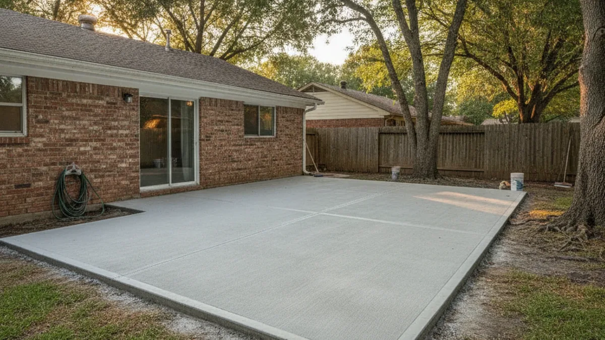 Concrete patio backyard Mesquite Texas Dallas County broom finish drainage pitched foundation residential summer Texas
