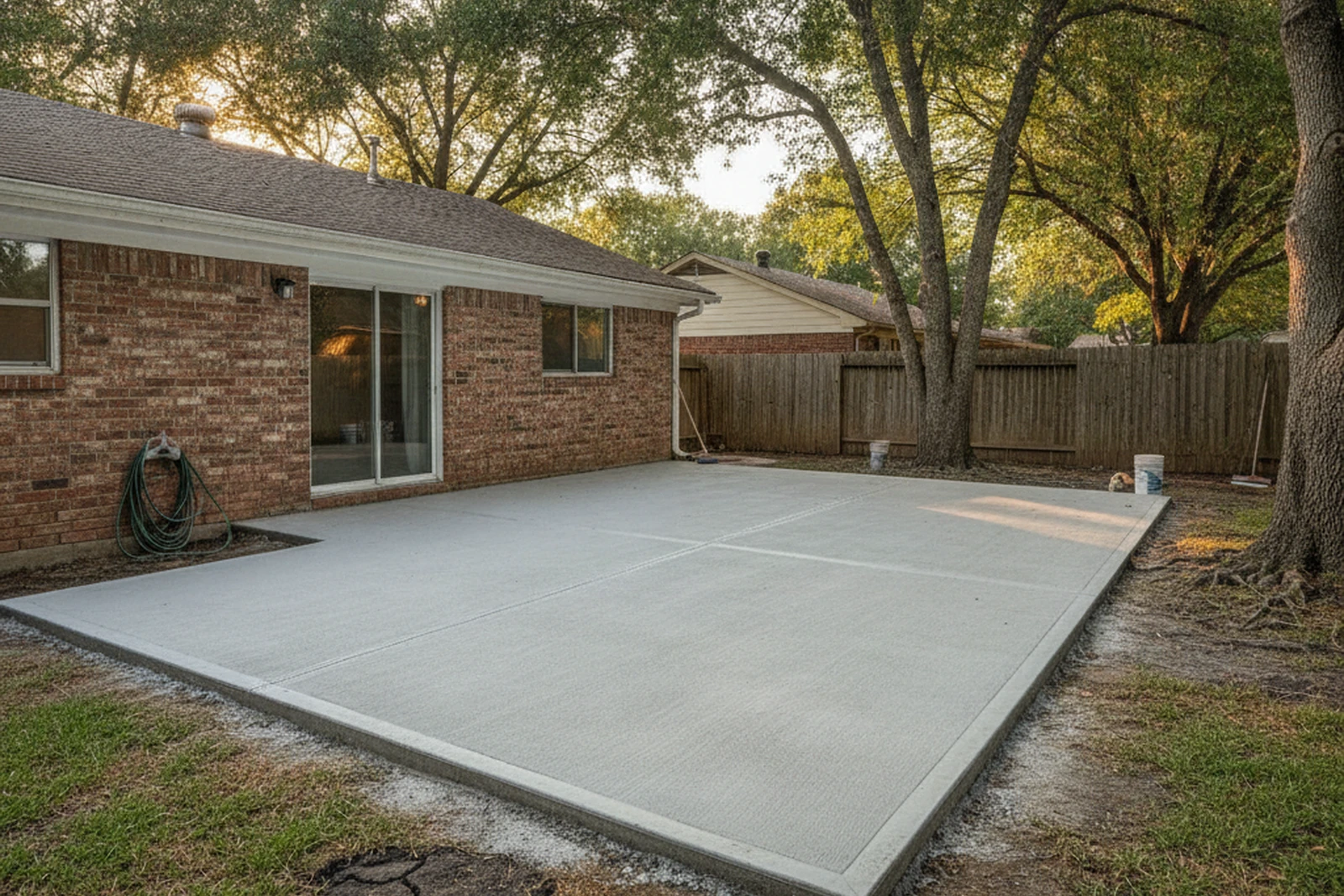 Concrete patio backyard Mesquite Texas Dallas County broom finish drainage pitched foundation residential summer Texas